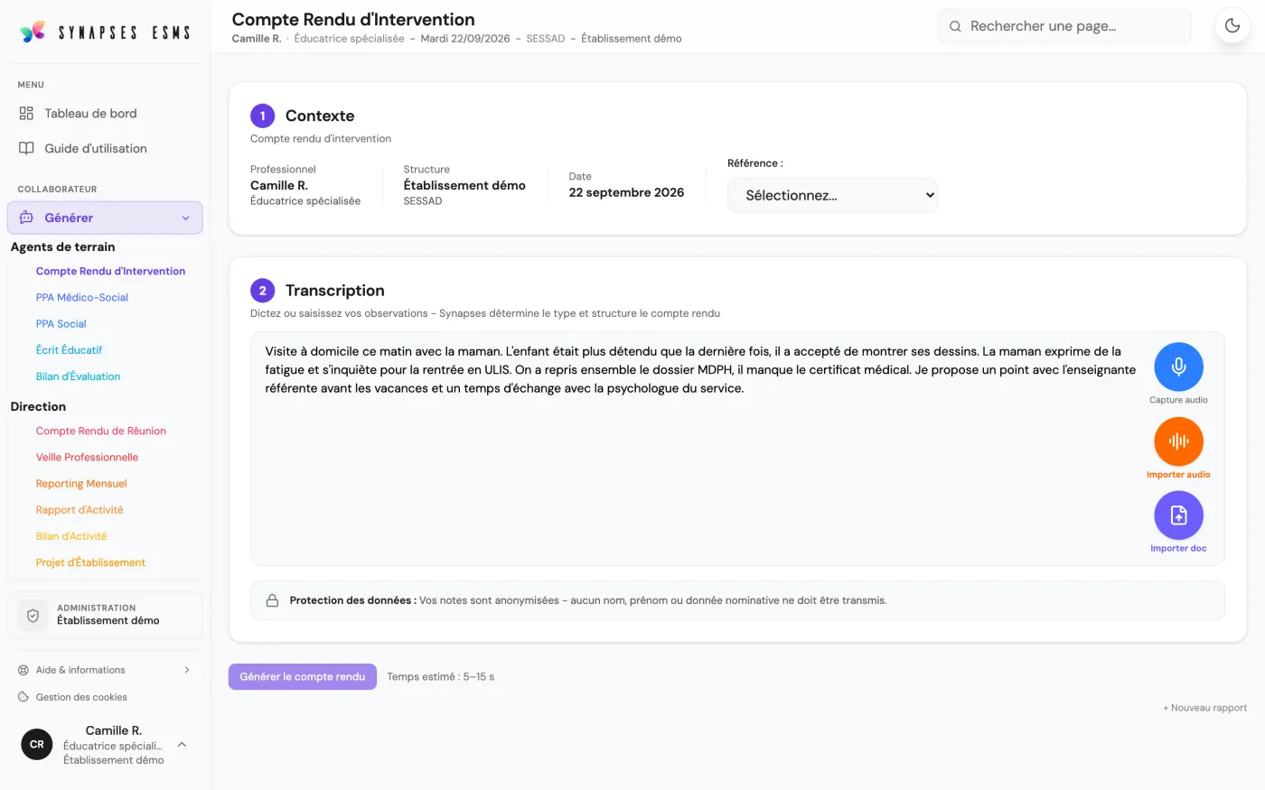 Saisie d'un compte rendu d'intervention dans Synapses ESMS : contexte, notes dictées, capture audio et import de document